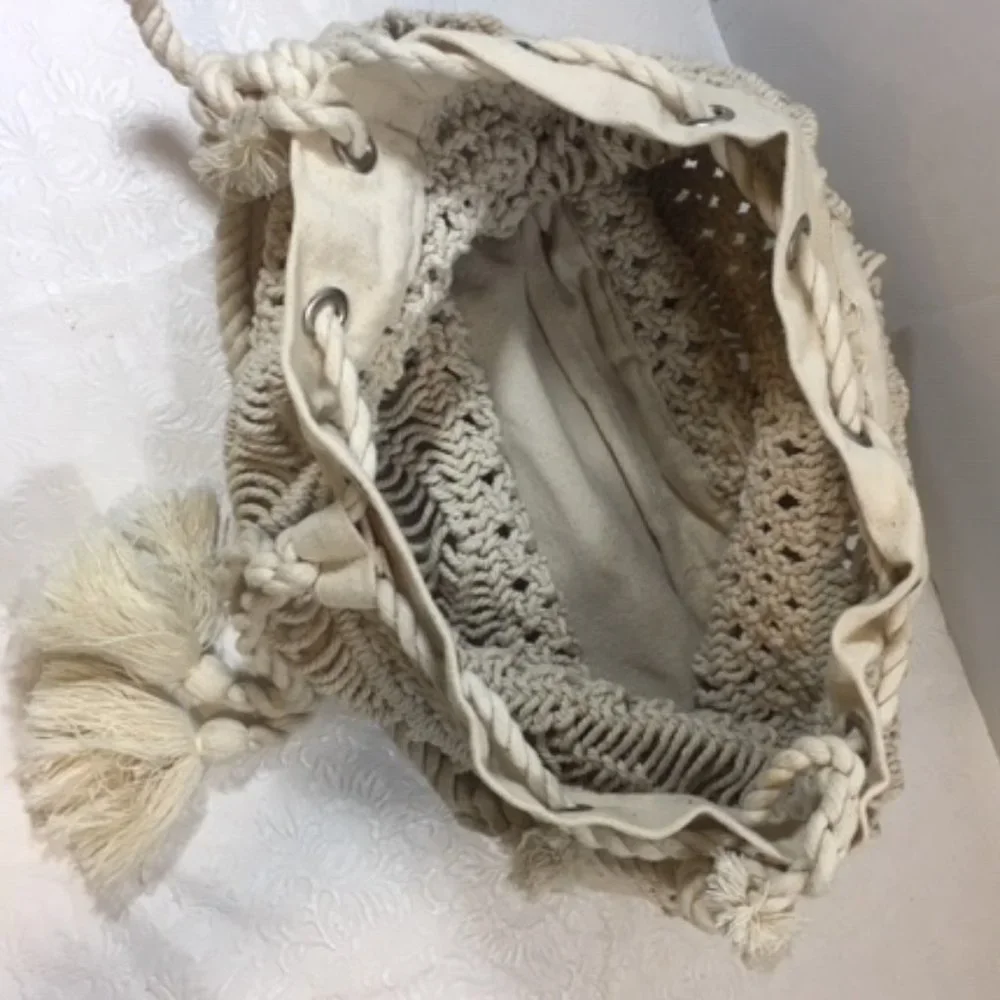 Macramé Knotting Shoulder Handbag Tote Cotton Drawstring11x5.5x11